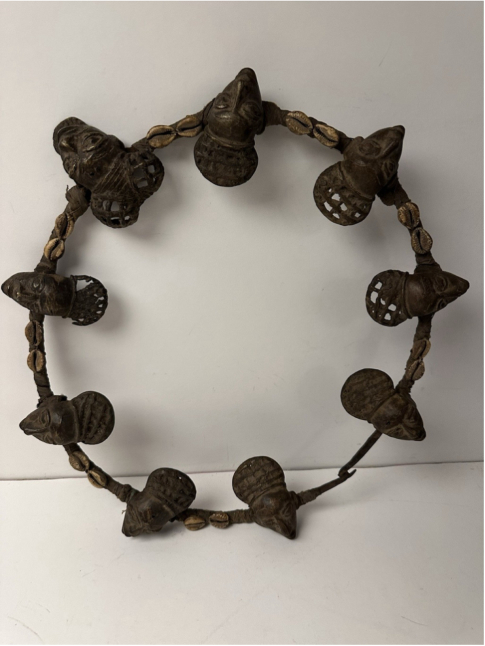 Vintage West African Bronze Heads Cowrie Shell Ring Wall Hanging Mask Artwork